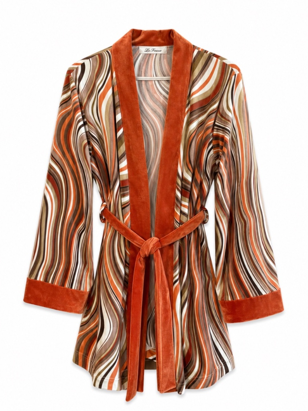 La Finesse Vintage Plush Velvet Swirl Robe – Rust Multi –Size L/XL EUC